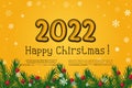 Bright yellow poster Happy Christmas. Original horizontal poster with green pine branches and red Christmas balls. Two