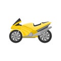 Bright yellow racing motorcycle. Modern sport bike. Two-wheeled motor vehicle. Flat vector icon Royalty Free Stock Photo