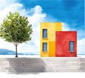 Bright yellow and red modern buildings beside tree under blue sky Royalty Free Stock Photo