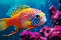 Bright yellow red tropical fish on blue water backdrop. Generative AI Royalty Free Stock Photo