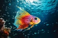 Bright yellow red tropical fish on blue water backdrop. Generative AI Royalty Free Stock Photo