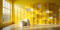 Bright yellow room interior design with stack of books and geometric wall feature. Generative AI Royalty Free Stock Photo