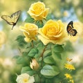 bright yellow roses blooming With lively green leaves And there are butterflies flying around. AI generator