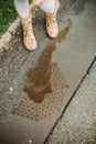 Bright yellow rubber boots standing in a puddle. Rainy weather concept Royalty Free Stock Photo