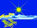 Bright yellow shining sun, sunshades beach umbrella and two deck chairs on clear blue sky background illustration.