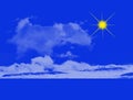 Bright yellow shining sun, white clouds silhouette over sea waves on blue background illustration. Decorative element.