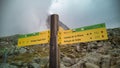 Bright yellow signs pointing in different hiking directions, Pontos, Spain