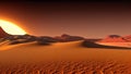 A bright yellow sun appears from behind the sand dunes of the desert. A bright dawn on an unknown planet. Fantasy world