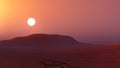 Bright yellow Sun over the desert. Sunset on an unknown desert planet. Fantasy world. Generated AI. Royalty Free Stock Photo