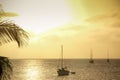 Bright yellow sunset with sailboats, Caye Caulker Belize