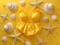 Bright Yellow Swimsuit with Starfish and Seashells on a Vibrant Yellow Background Summer Beach Fashion Concept for Swimwear, Royalty Free Stock Photo