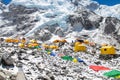 Bright yellow tents in Mount Everest Base Camp, Khumbu glacier and mountains, Nepal, Himalayas Royalty Free Stock Photo