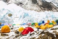 Bright yellow tents in Mount Everest Base Camp, Khumbu glacier and mountains, Nepal, Himalayas Royalty Free Stock Photo