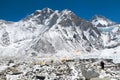 Bright yellow tents in Mount Everest Base Camp, Khumbu glacier and mountains, Nepal, Himalayas Royalty Free Stock Photo