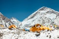 Bright yellow tents in Mount Everest Base Camp, Khumbu glacier and mountains, Nepal, Himalayas Royalty Free Stock Photo