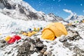 Bright yellow tents under snow in Mount Everest base camp Royalty Free Stock Photo