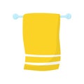 Bright yellow towel with white stripes hanging on blue horizontal wall-mount holder. Flat vector icon of bathroom