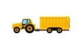 Bright yellow tractor with big trailer, side view. Heavy agricultural machinery. Farm equipment. Flat vector icon Royalty Free Stock Photo