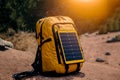 Bright yellow travel backpack with solar panel. Electricity for camping and the outdoors. Compact solar panels AI generation