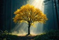 Bright yellow tree illuminated by sunlight in a misty forest setting Royalty Free Stock Photo