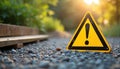 Bright yellow triangular hazard alert sign stands on gravel path in park zone. Concept of warning, caution message and safety. Royalty Free Stock Photo