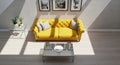 Bright Yellow Tufted Sofa in a Living Room with Sunlight Streaming Through the Window couch Royalty Free Stock Photo