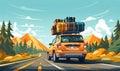 A Bright Yellow Van Speeding Along a Scenic Road With Rooftop Luggage Royalty Free Stock Photo