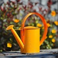 A bright yellow watering can sits on a stone path in front of a flower bed Royalty Free Stock Photo