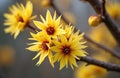 Bright yellow witch hazel flowers bloom on a tree branch in early spring. These delicate blossoms feature red centers and thin Royalty Free Stock Photo