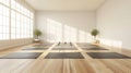 Bright Yoga Studio Interior with Sunlight and Green Plant