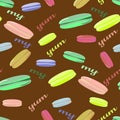 Bright yummy seamless pattern of collection macaroons on chocolate brown background. Vector illustration for confectionery, bakery