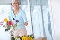 Brightening up the room. a senior woman enjoying some flower arranging at home. Royalty Free Stock Photo