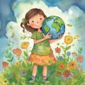 A Brighter Future: The Optimism of a Smiling Girl in a Clearing Holding a Globe, concept Earth Day. Generative AI. Royalty Free Stock Photo