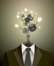 The brightest mind idea, the best brain in the office in retro color, Bright electric bulbs in the man suit on place of