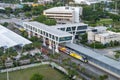 The brightline train loads passengers at the station in Fort Lauderdale Florida