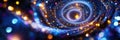 Brightly arranged Christmas lights form a dynamic spiral pattern, adding vibrancy to the holiday atmosphere in the