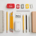 Brightly Arranged School Supplies Featuring Colorful Pencils and a Notebook on a Clean White Surface Royalty Free Stock Photo