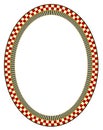 Brightly chequered and striped oval or elipse shaped frame with a black outside edge containing gold polka dots.