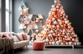 Brightly christmas tree with lots of gifts, Christmas tree in the interior. Living Room coral and grey color Christmas interior