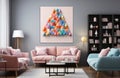 Brightly christmas tree with lots of gifts, Christmas tree in the interior. Living Room pink and blue color Christmas interior