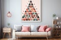 Brightly christmas tree with lots of gifts, Christmas tree in the interior. Living Room pink and blue color Christmas interior