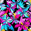 Brightly colored abstract flowers on a black background seamless pattern vector illustration Royalty Free Stock Photo