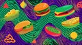 Vibrant Memphis-style Pop-Art Background Featuring Playful Floating Food Shapes in Bold Colors and Unique Geometric Royalty Free Stock Photo