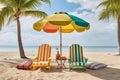 Brightly colored beach chairs and umbrella, on a beach with ocean backdrop, Generative AI