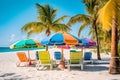 Brightly colored beach chairs and umbrellas, on a beach with a palm tree backdrop, Generative AI