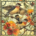 Brightly colored birds in art nouveau style.