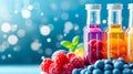 Brightly colored bottles of fruit-flavored drinks are arranged with an assortment of fresh raspberries and blueberries Royalty Free Stock Photo