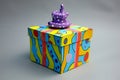 A brightly colored box with a purple hat placed on its top, standing out against a plain background, Whimsical gift box in a Dr