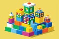Brightly colored building blocks form a whimsical cityscape, inviting imaginative play and creativity in a vibrant setting
