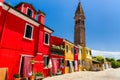 Brightly colored buildings on the Italian island of Burano in the Venetian Lagoon near Venice